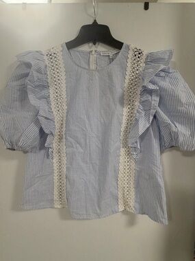 English Factory Blue & White Striped Crochet Ruffle Blouse